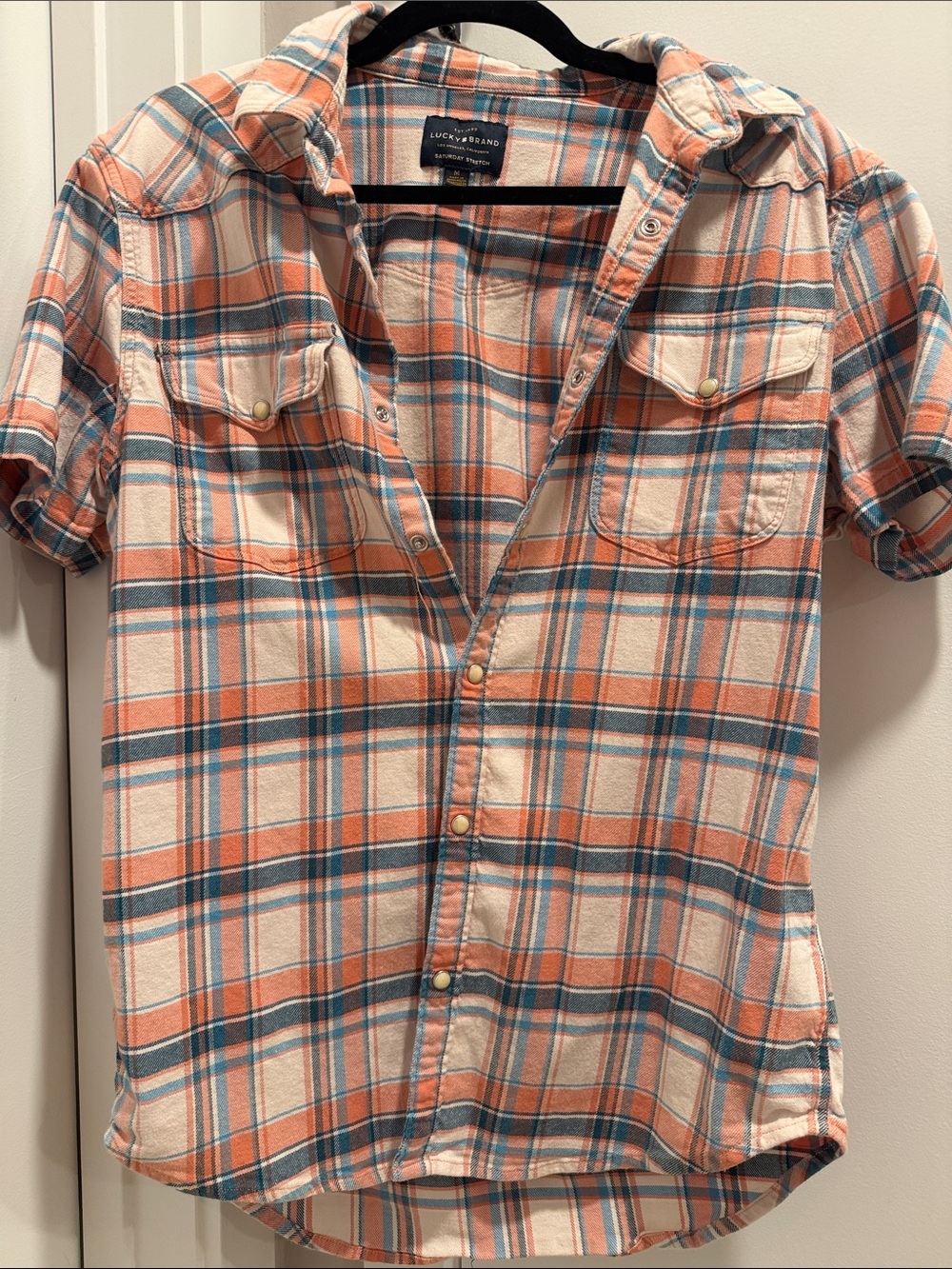 Lucky Brand Men's Short-Sleeve Plaid Button-Down — Peach & Teal